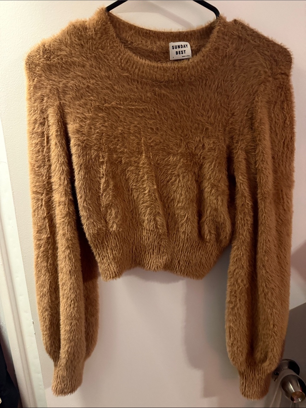 Sunday Best Fuzzy Cropped Crew Sweater in Camel Brown
